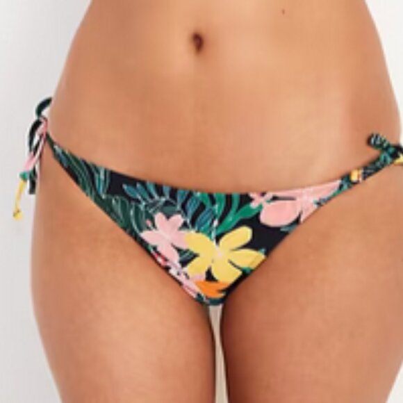 Old Navy Black Hibiscus Tropical Leaf Print Side Tie Bikini Bottoms - Picture 2 of 9